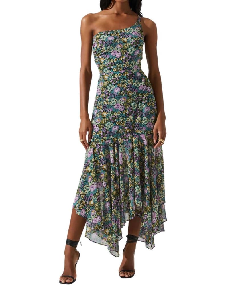 Front of a model wearing a size L Malvina Dress In Purple Yellow Multi in Purple Yellow Multi by ASTR. | dia_product_style_image_id:344641